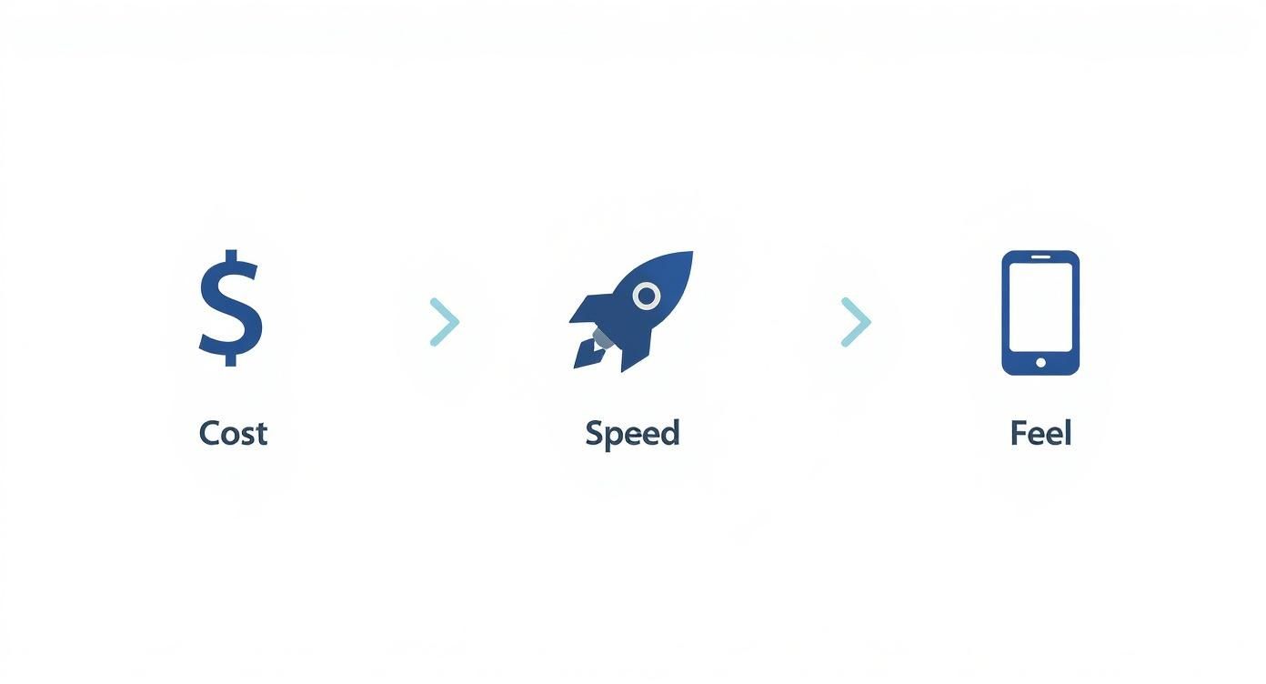 Infographic showing how to create an app with React Native: one codebase, lower cost, faster development, native feel