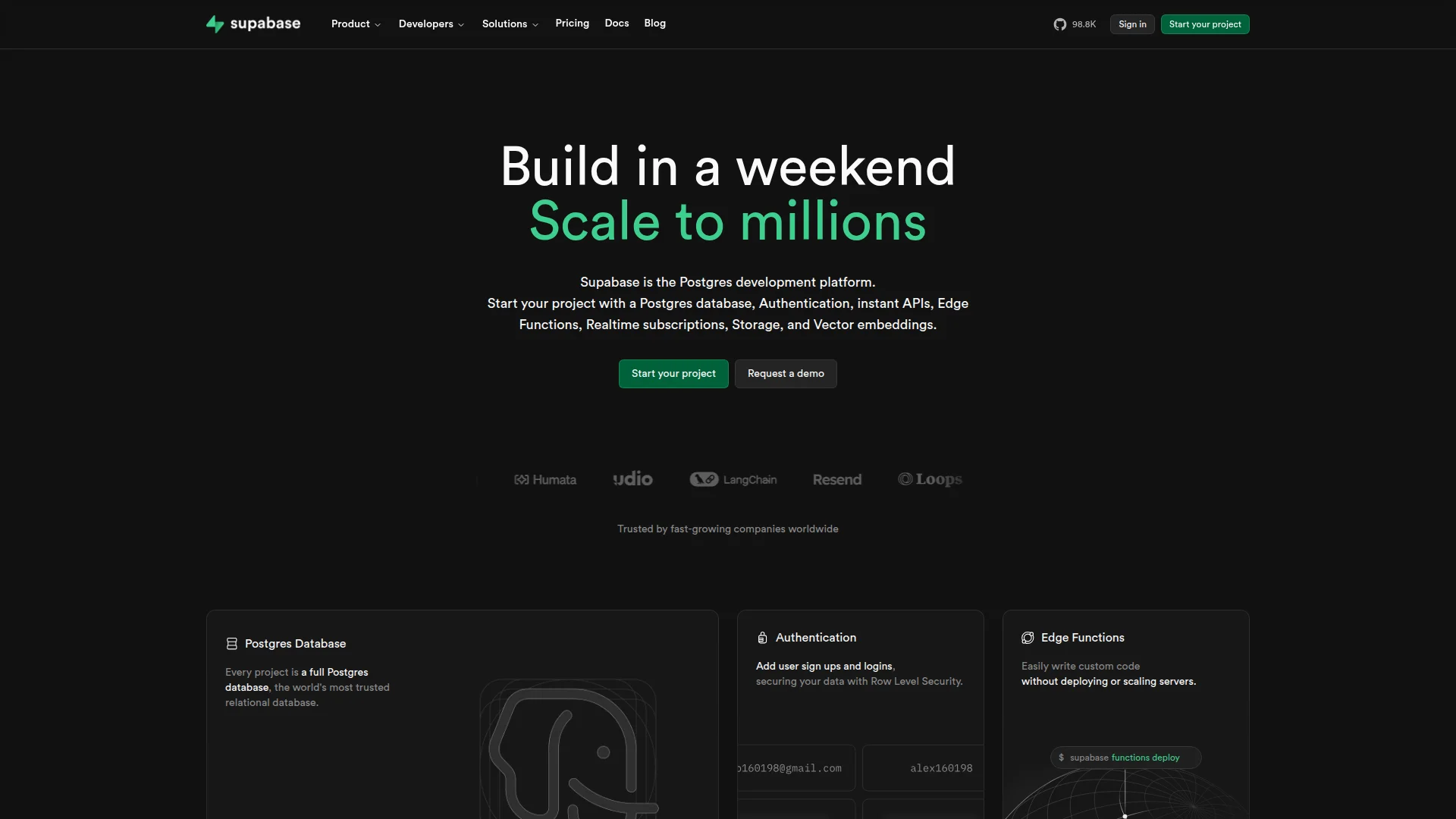 Supabase homepage showing the open-source backend platform used for storing push notification tokens