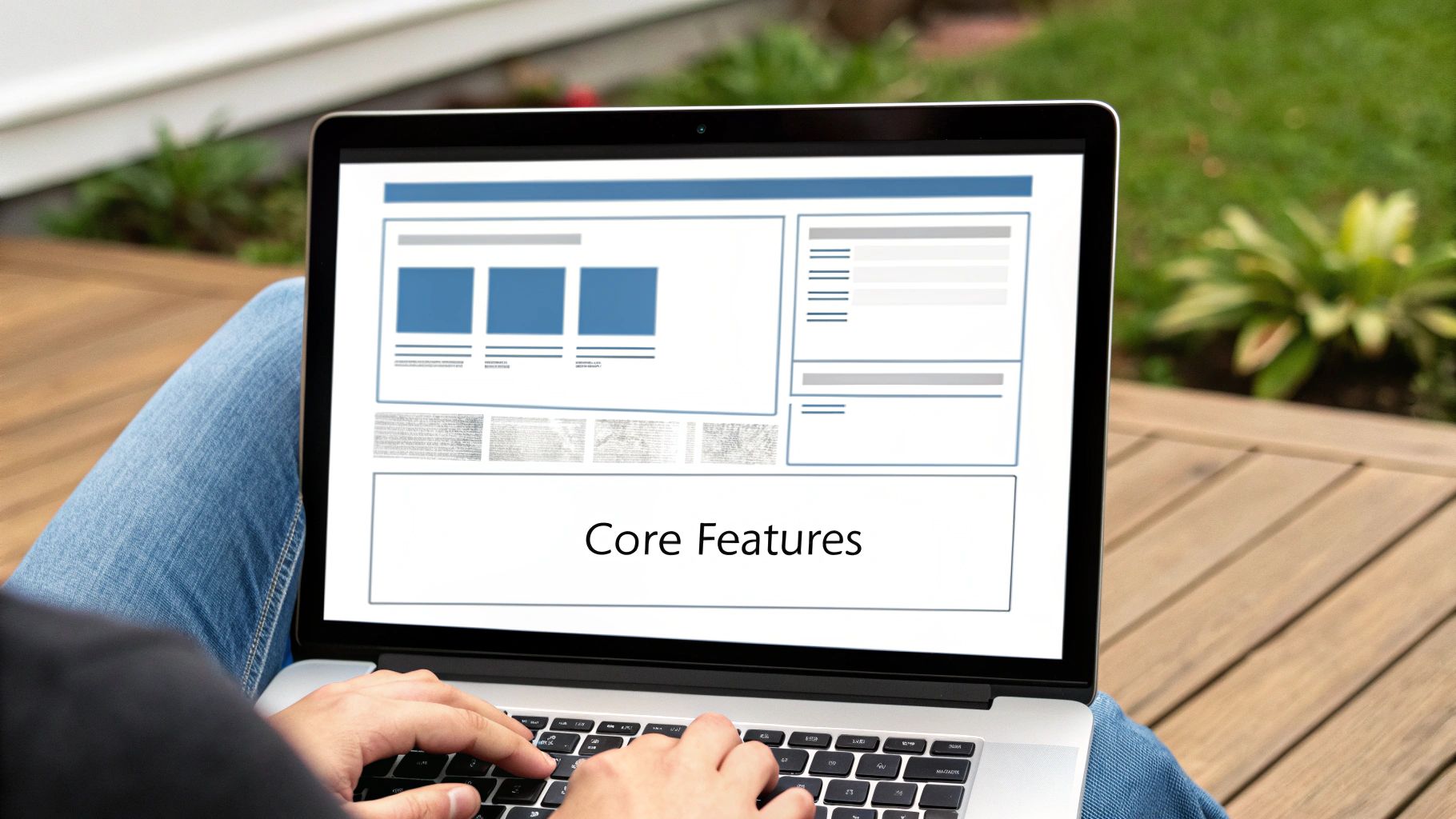 Laptop showing a wireframe with a Core Features block, representing MVP scope planning