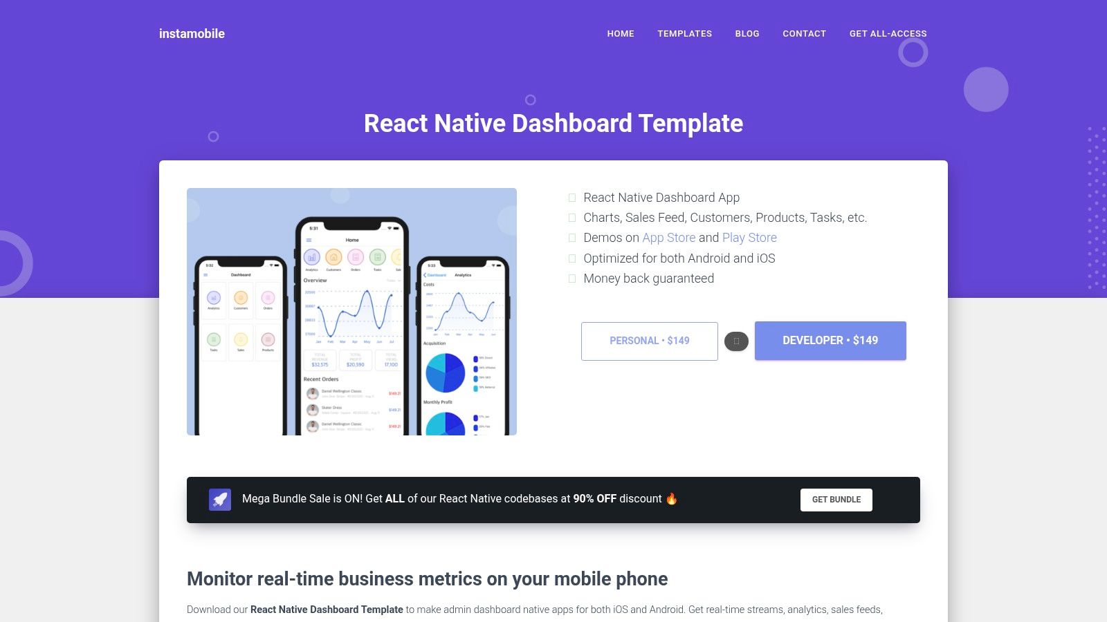 Instamobile dashboard template showing analytics charts, order management screens, and user notification panels