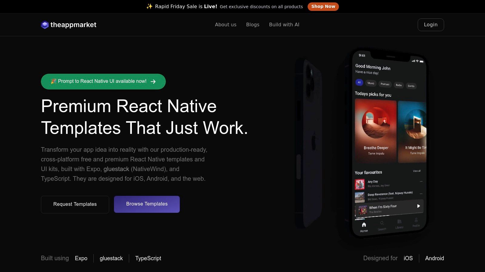 theappmarket.io, now gluestack market, showing Expo and TypeScript React Native templates with live preview options