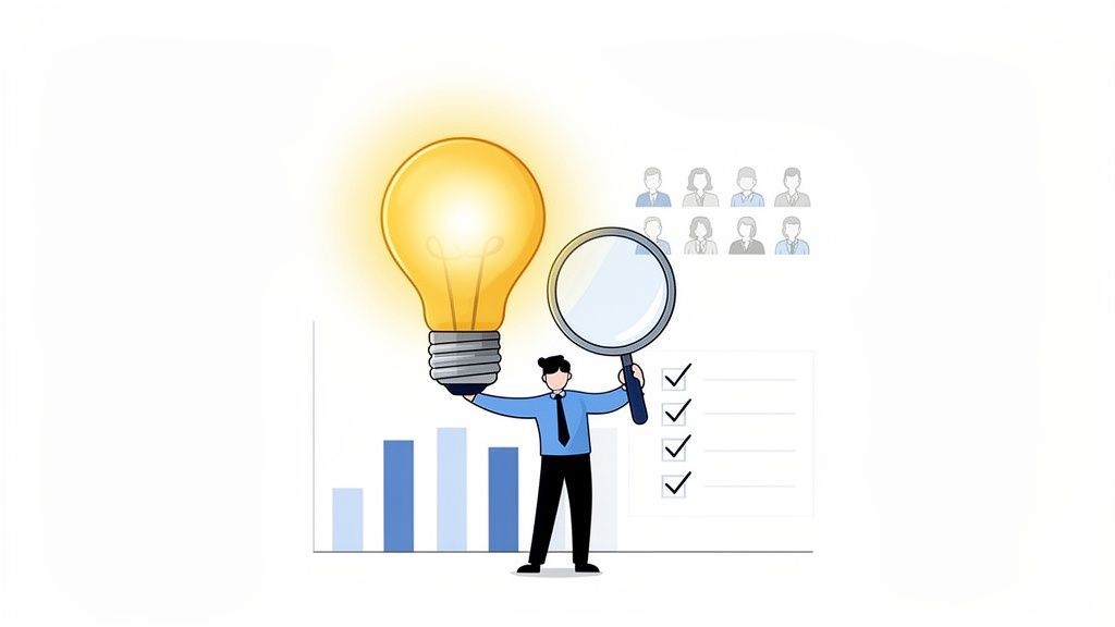 Businessman holding a glowing lightbulb and magnifying glass, with data charts, user avatars, and a checklist.