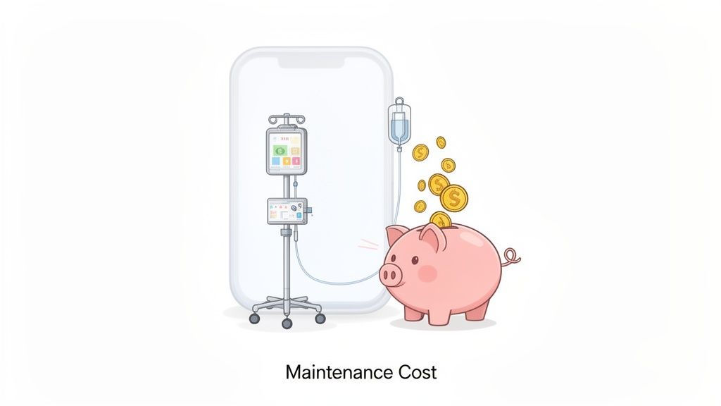 A smartphone connected to an IV drip that feeds coins into a piggy bank, representing ongoing app maintenance costs