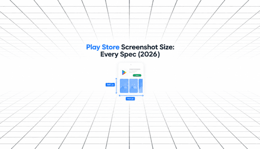 Play Store screenshot size guide showing a mobile app listing with 1080 × 1920 px dimensions on a minimalist perspective grid background.