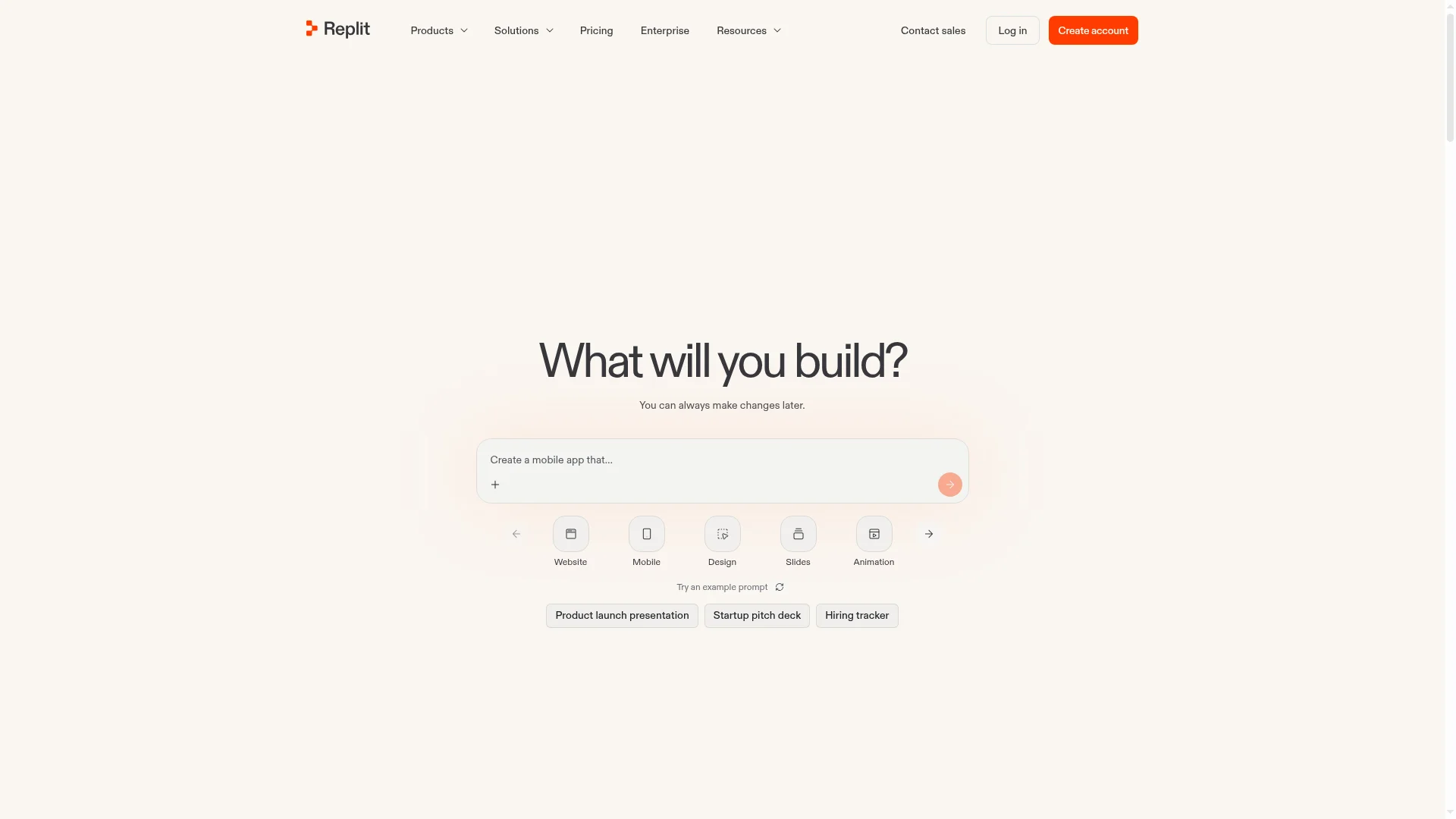 Replit homepage with options to build a website, mobile app or design