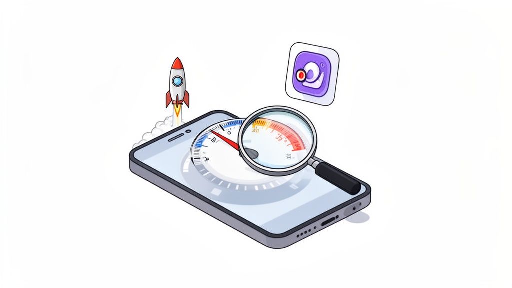 A smartphone with a speed gauge, magnifying glass, rocket, and app icon, symbolizing app performance.