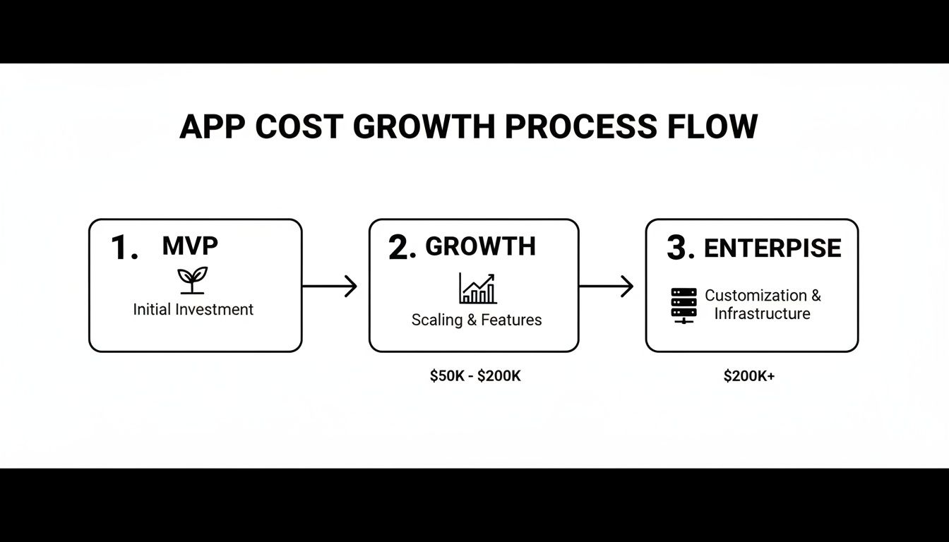 Flowchart showing how app maintenance costs grow from MVP stage through growth to enterprise scale