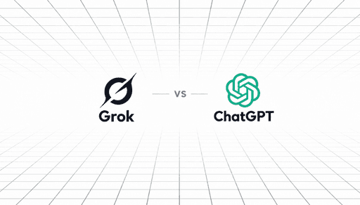Grok vs ChatGPT comparison graphic with both logos on a white perspective grid background