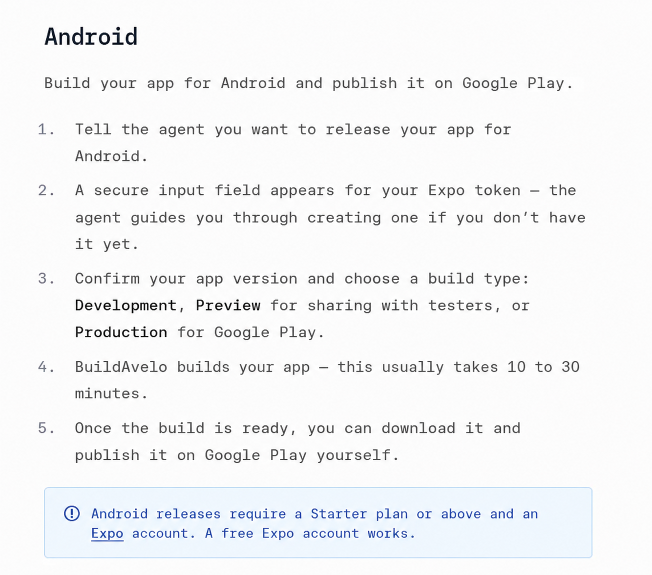 BuildAvelo docs listing the Android build types: Development, Preview for testers, and Production for Google Play