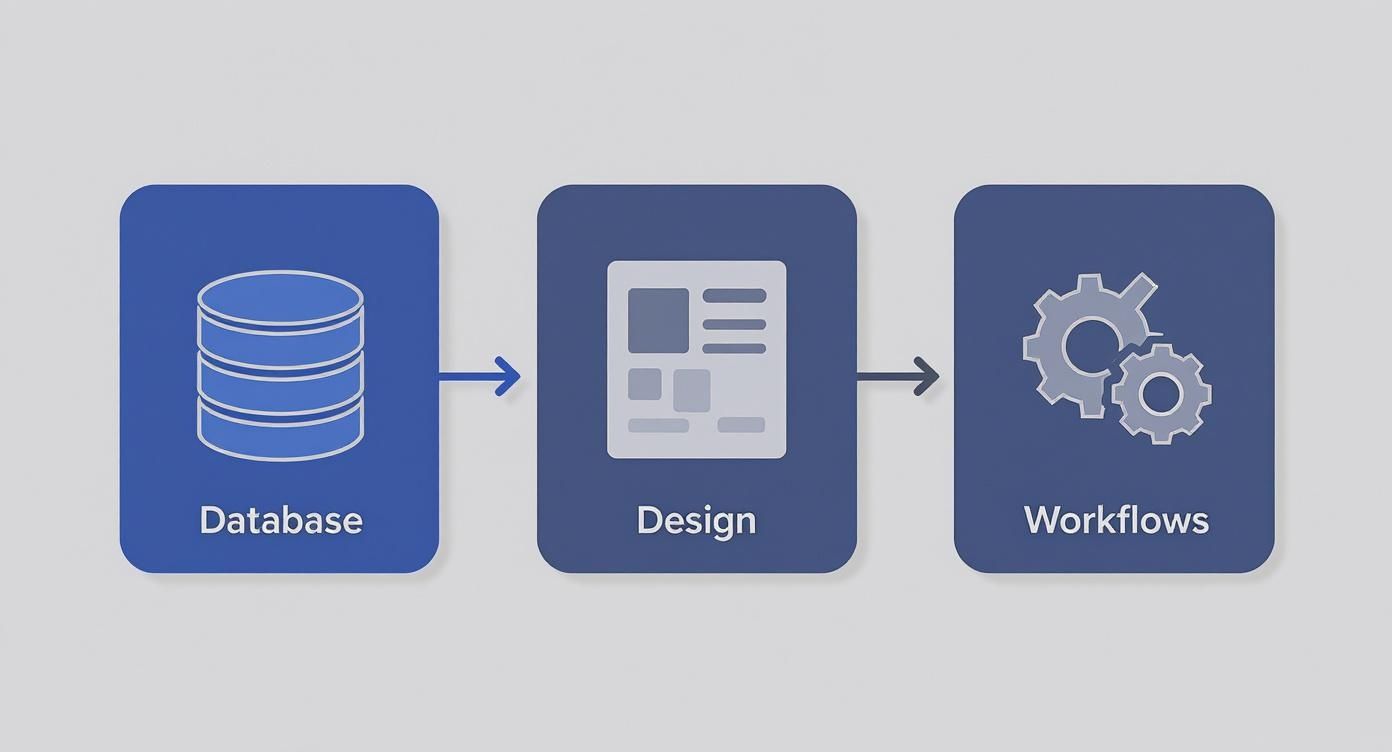 Visual diagram showing the building blocks of a no-code app: database collections, screens, and workflow logic connected together.
