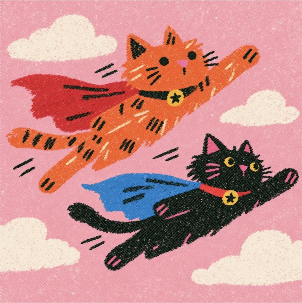 Illustration of two cats in superhero capes flying through a pink sky. The orange tabby wears a red cape and the black cat wears a blue one.