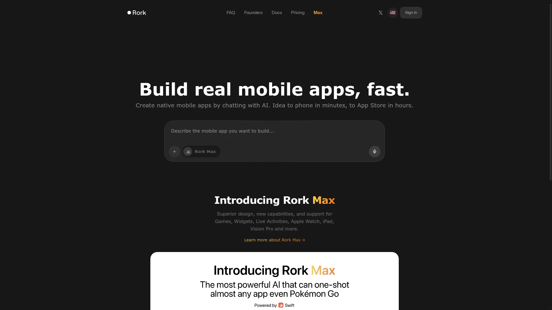 Rork AI app builder homepage
