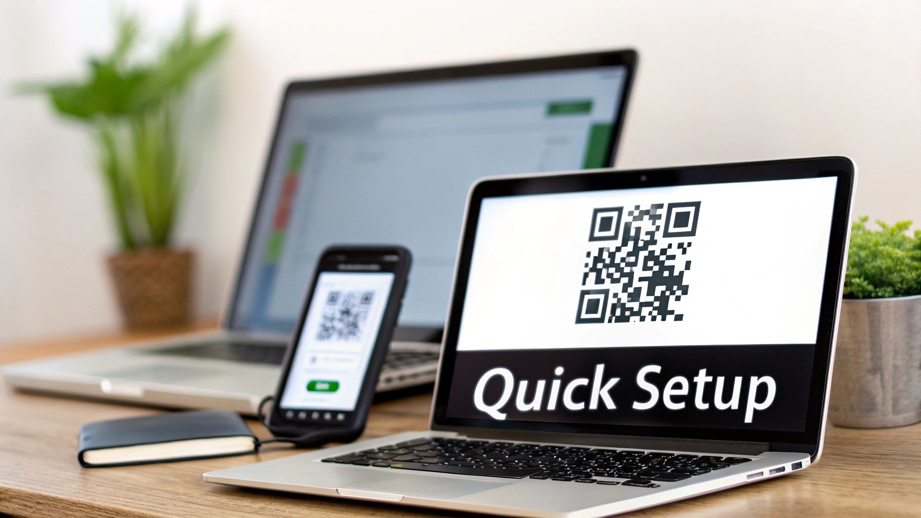 A laptop and smartphone display QR codes for quick setup on a wooden desk.