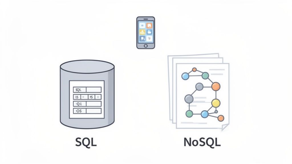 An illustration contrasting SQL and NoSQL database types with a mobile phone above them.