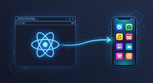 Illustration showing the glowing React logo inside a browser window with an arrow pointing to a smartphone displaying colorful app icons, representing React Native for building mobile apps from web technology.