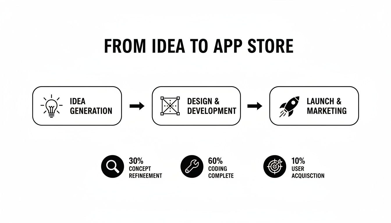 Flowchart illustrating the app development process from idea generation to app store launch.