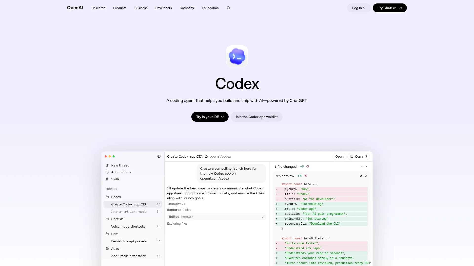 Screenshot of the OpenAI Codex landing page showing the Codex coding agent branding and a sample diff in the Codex app
