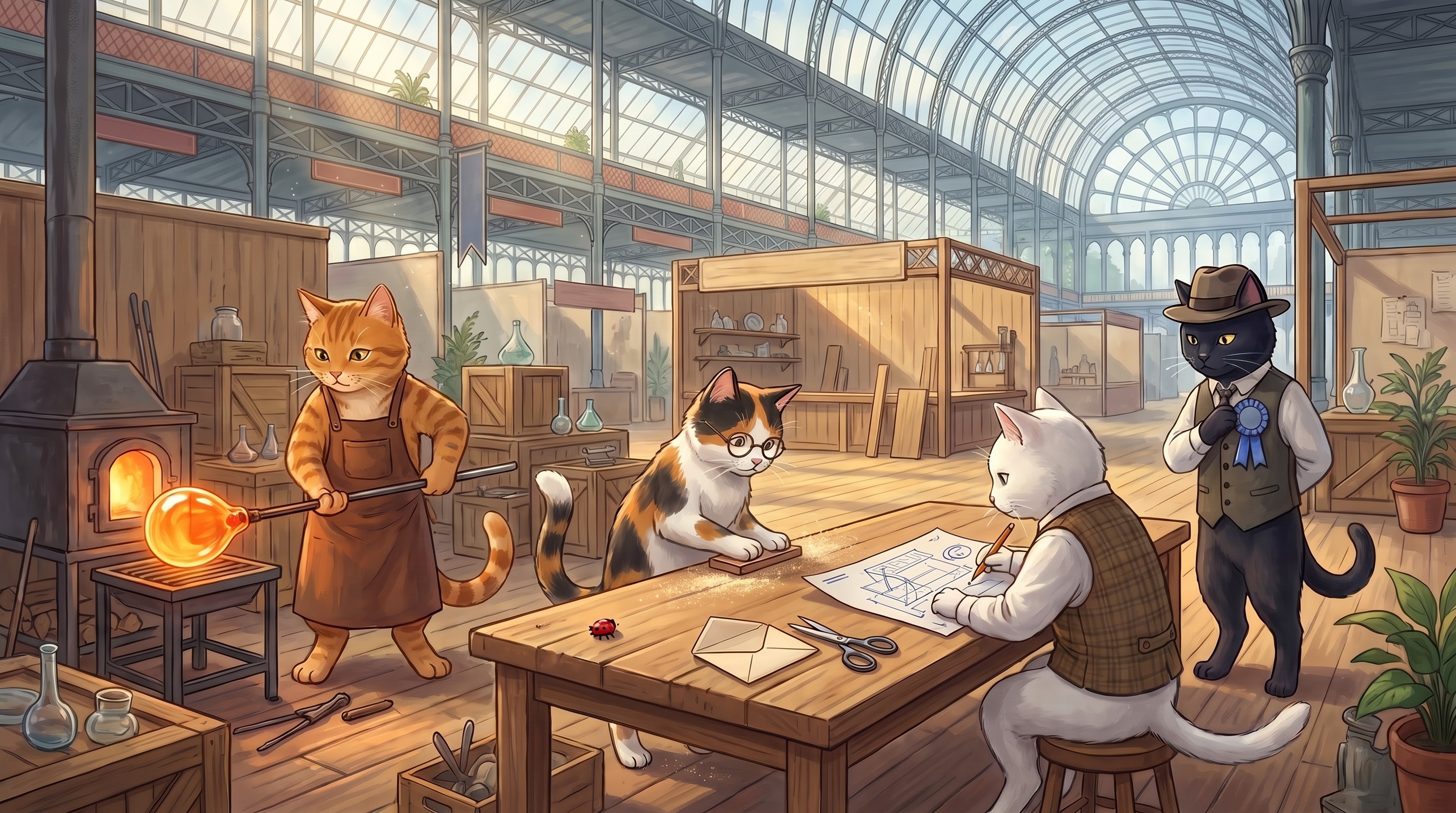 Four cats work in a sunlit Victorian glass-and-iron exhibition hall: an orange tabby glassblower with a glowing orb, a bespectacled calico sanding a wooden block, a white cat sketching blueprints, and a black cat in a fedora and vest wearing a blue rosette.