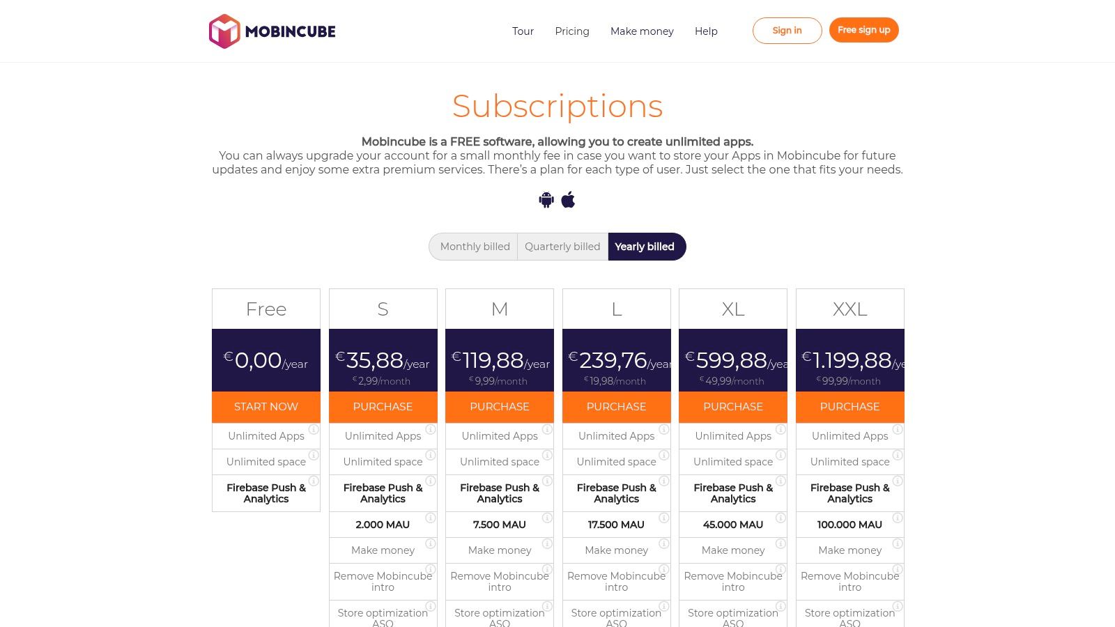 Mobincube free app builder with ad-supported publishing to iOS and Android app stores