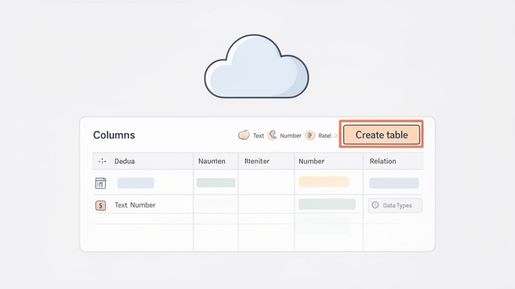 An interface showing a Columns section with various data types and a Create table button, suggesting database creation.