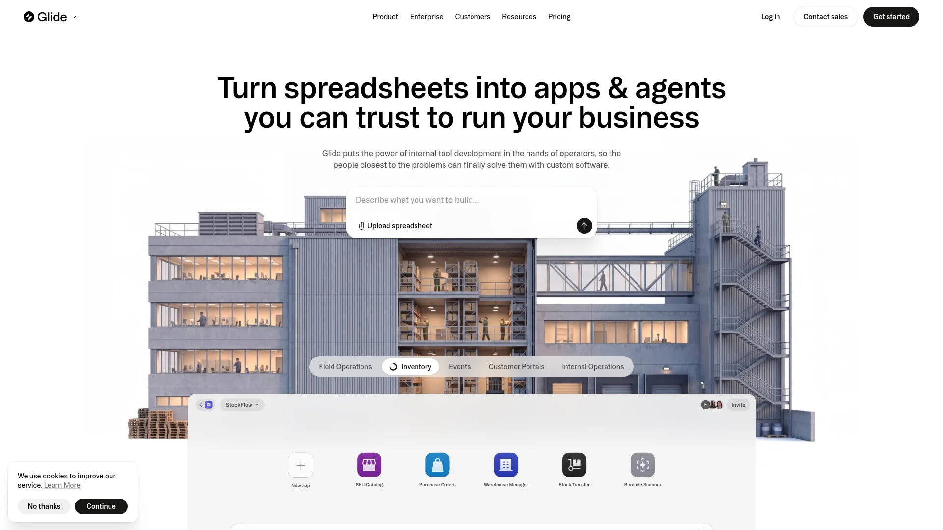 Glide homepage about turning spreadsheets into business apps