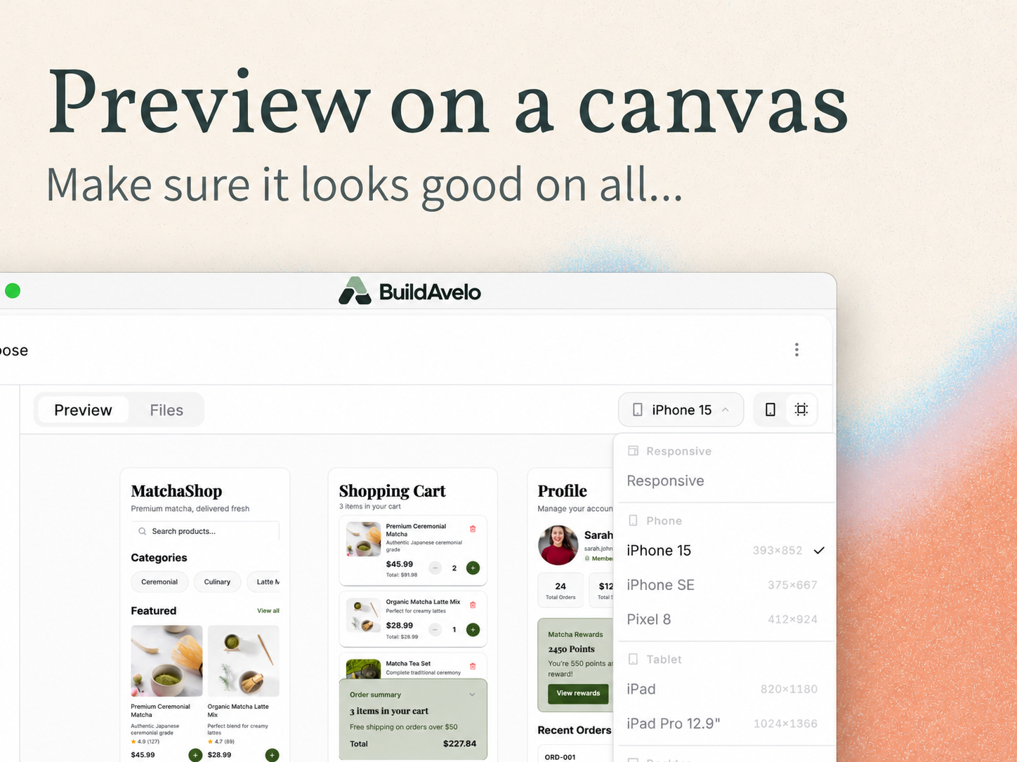 Previewing a BuildAvelo app across iPhone, iPad, and desktop on the multi-device canvas