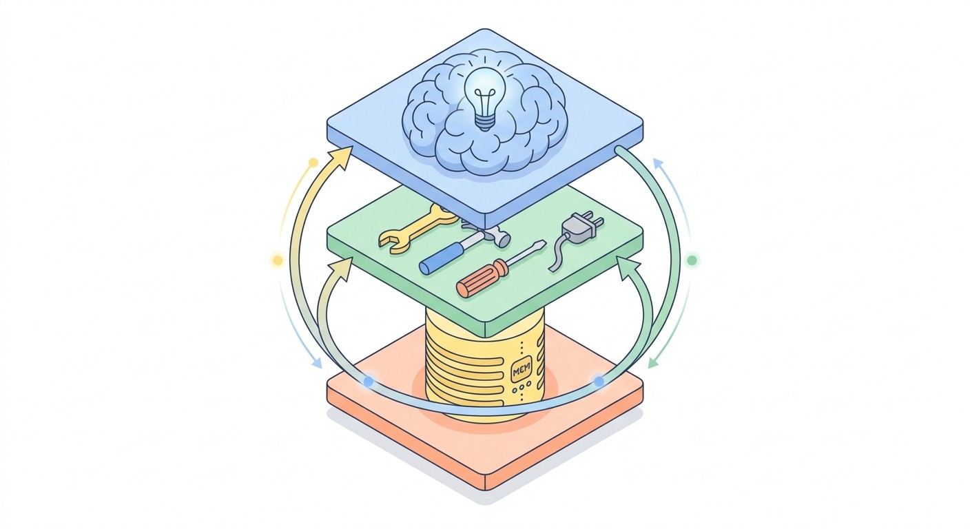 The four building blocks of an AI agent: language model, tools, memory, and a reasoning loop