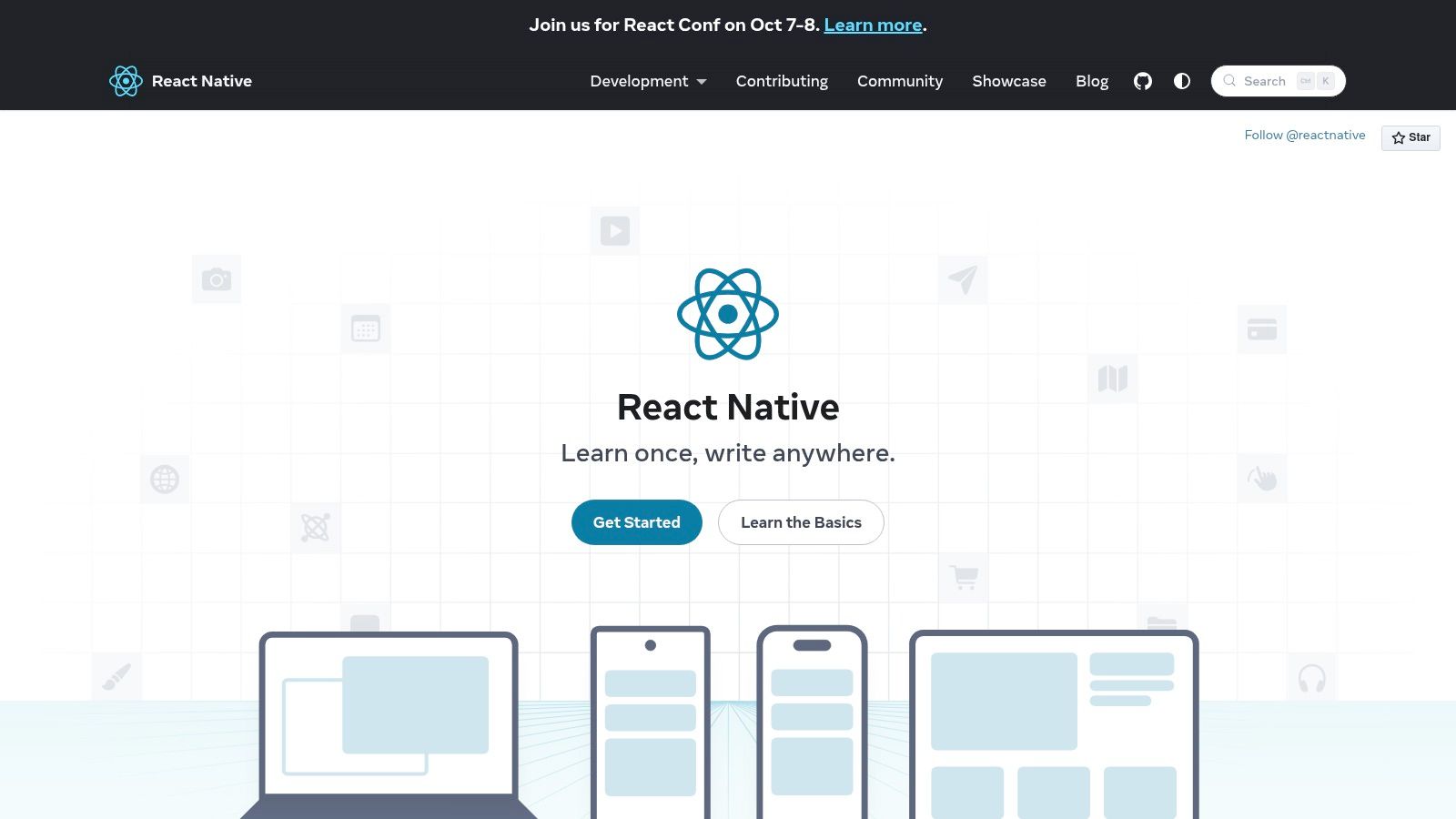React Native homepage explaining how web developers can build native iOS and Android apps with React