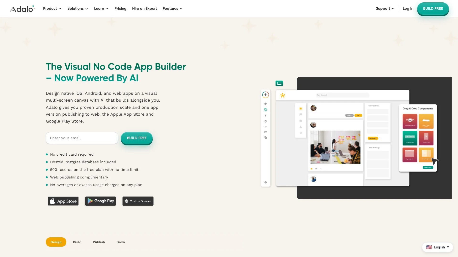 Adalo homepage describing the visual no-code app builder with a multi-screen drag and drop canvas and AI