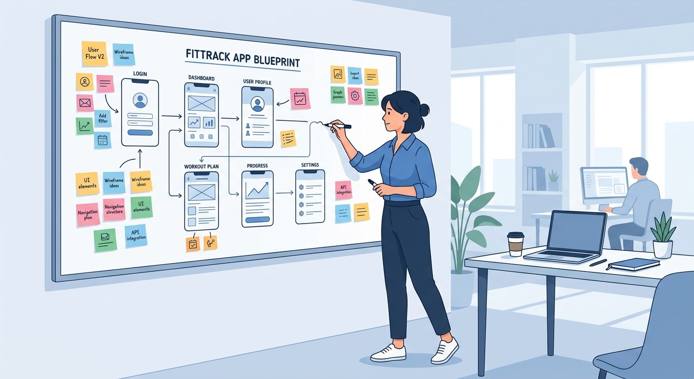 Person planning how to build a web app on a whiteboard with sticky notes and a flowchart