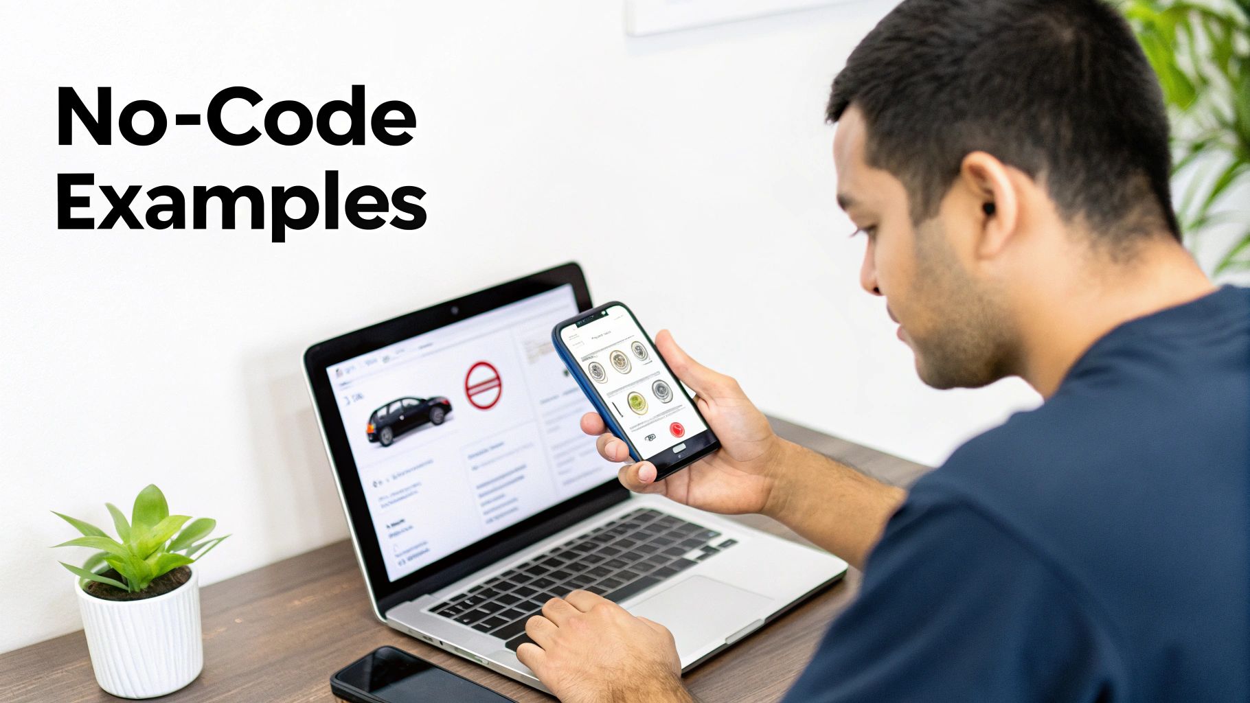 Man interacting with a no-code platform on a laptop and smartphone, showcasing real-world development examples.