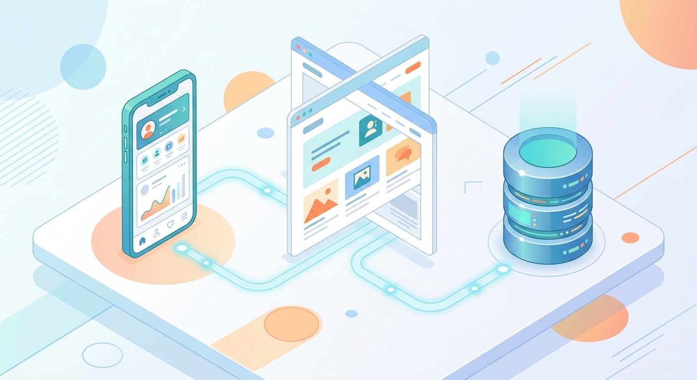 Illustration of a mobile app, a website, and a database built with the BuildAvelo AI app builder