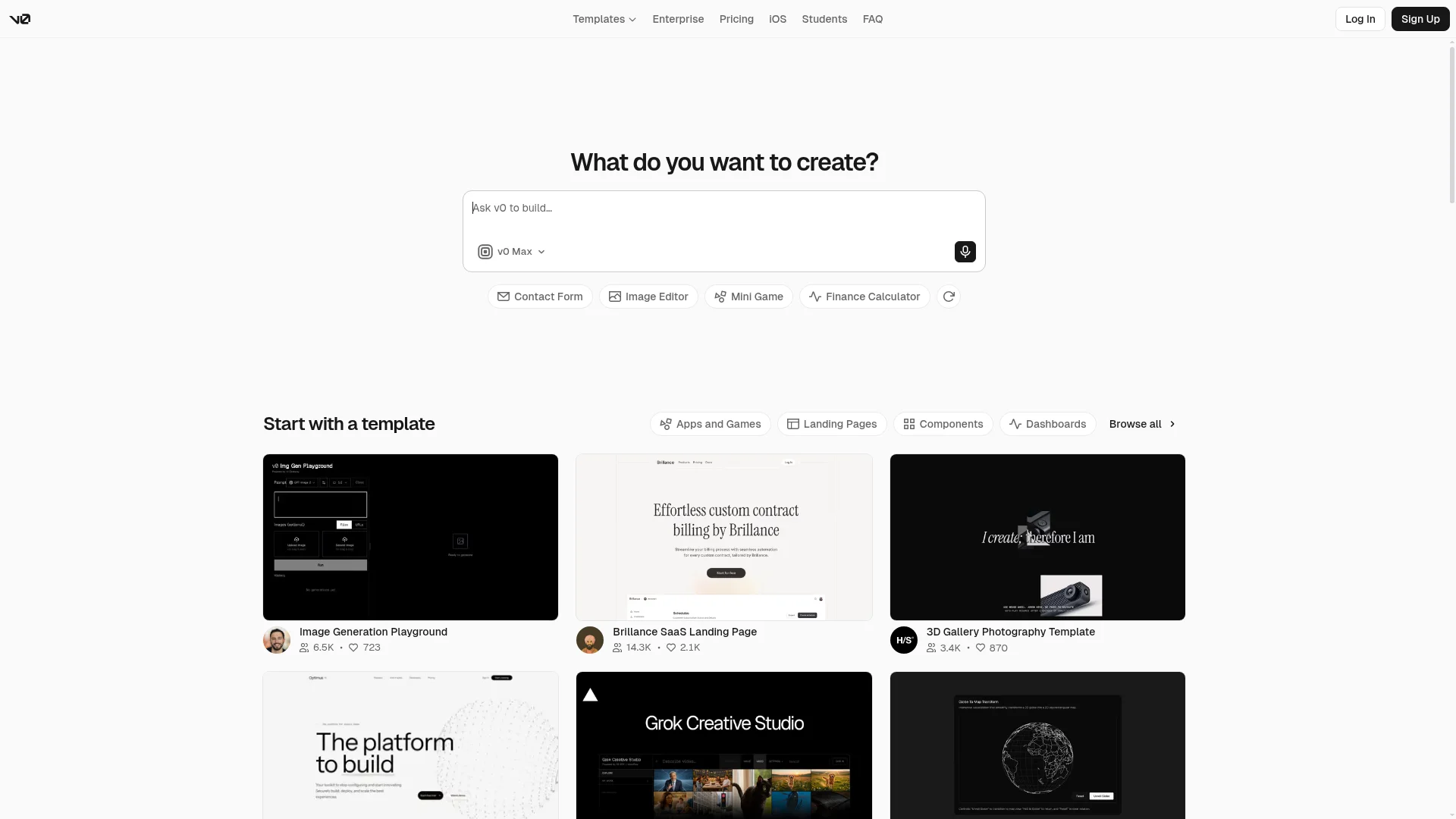v0 by Vercel homepage, where a prompt generates a Next.js web app