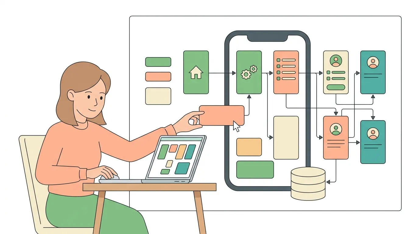Illustration of a person building an app by dragging blocks in a visual editor