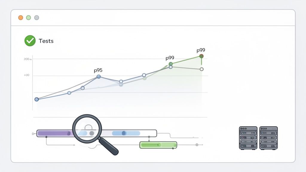 A performance dashboard displaying API test results with p95 and p99 latency percentiles and server status indicators.