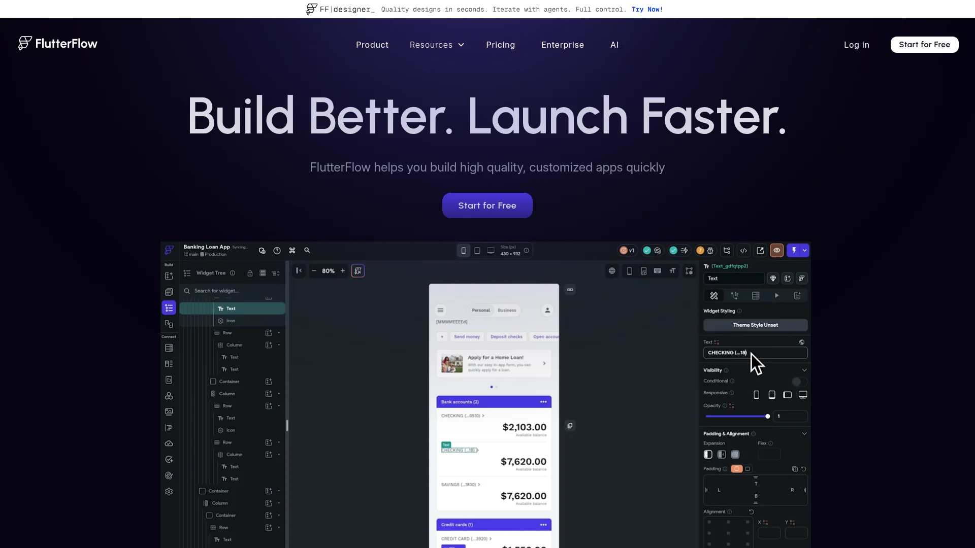 FlutterFlow visual app builder homepage