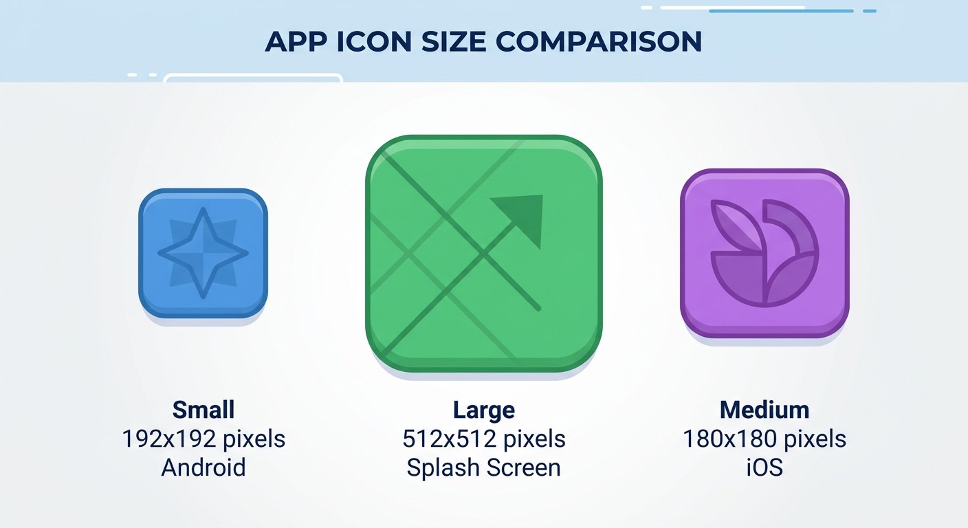Diagram comparing three required app icon sizes: 192 by 192 pixels for Android, 512 by 512 pixels for splash screens, and 180 by 180 pixels for iOS.