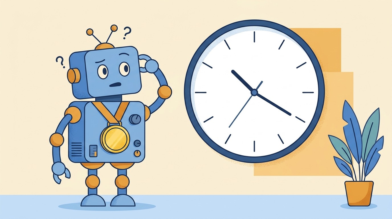 Illustration of a robot wearing a gold medal puzzled by an analog clock, showing why today's AI is not superintelligence