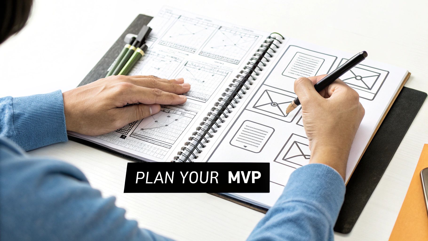 A team collaborating on a whiteboard to map out a user journey for their MVP