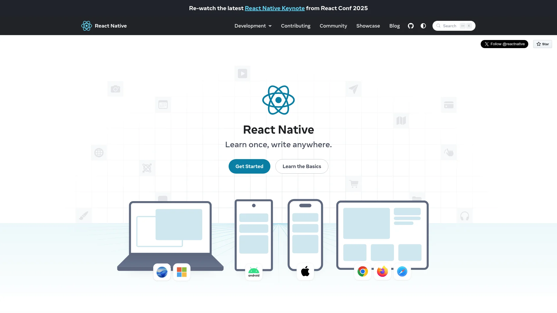 React Native official documentation homepage showing the framework tagline and getting started guide