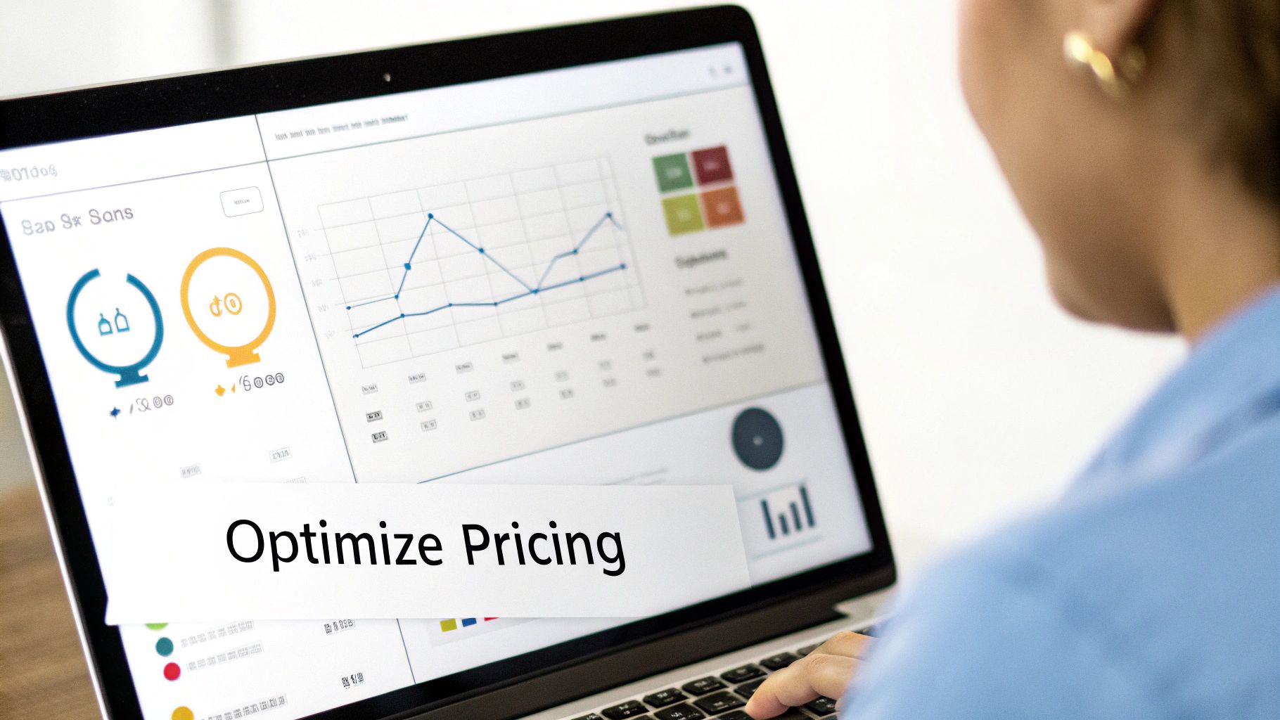 Laptop showing business charts and data with 'Optimize Pricing' text overlay
