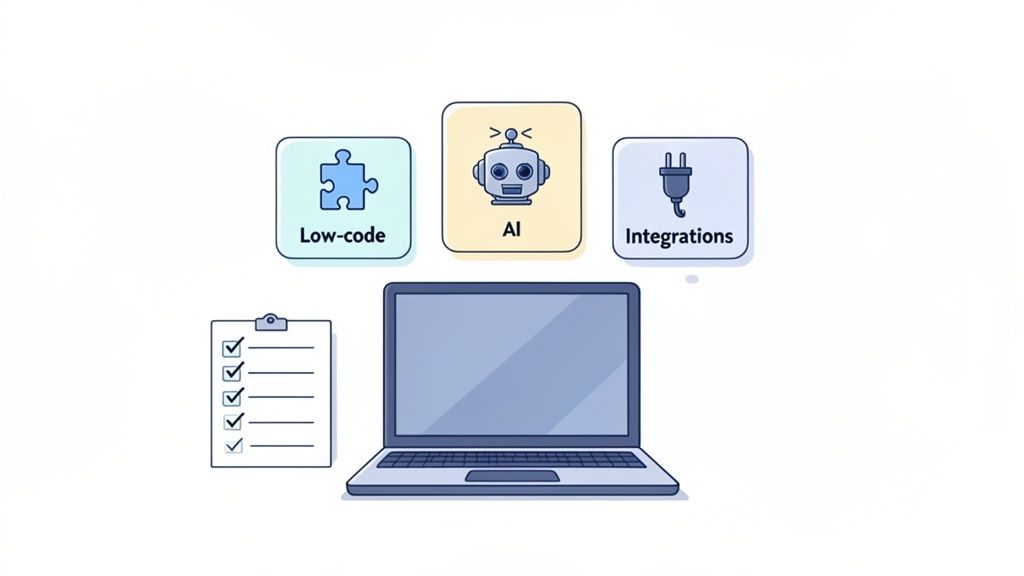 An illustration showing a laptop, a checklist, and icons for low-code, AI, and integrations, representing digital tools.