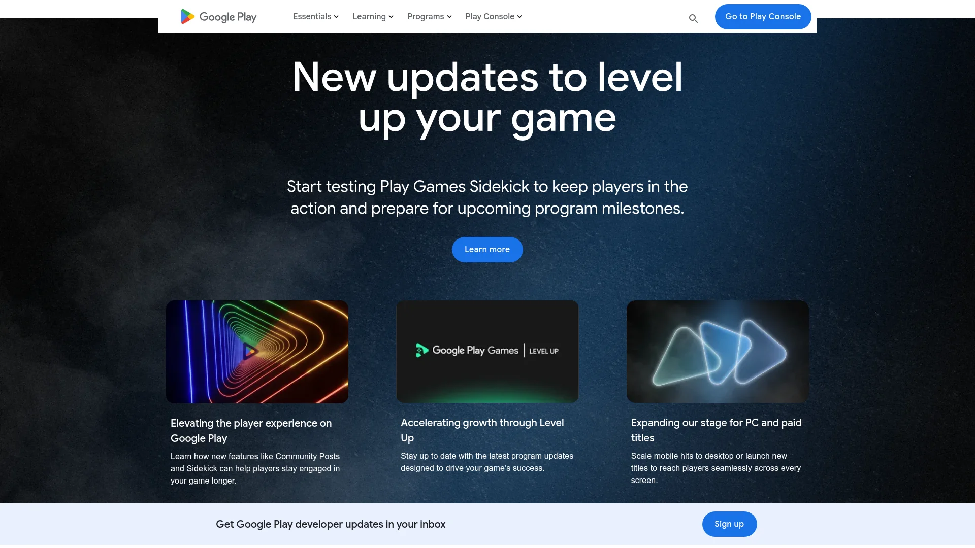Screenshot of the Google Play Console landing page where new developers sign up and start managing their apps.