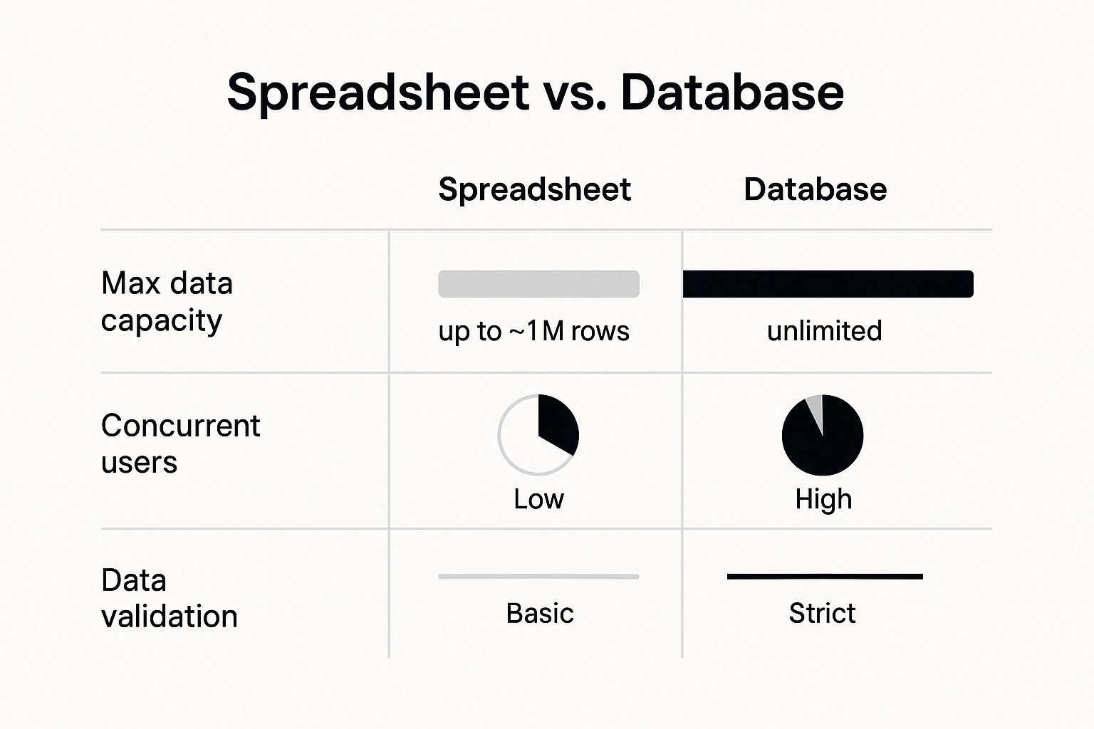 Infographic comparing spreadsheet and database scalability limits, data integrity, and multi-user access