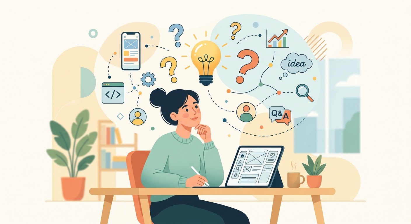 Flat illustration of a person with question marks and a lightbulb thinking about building an app