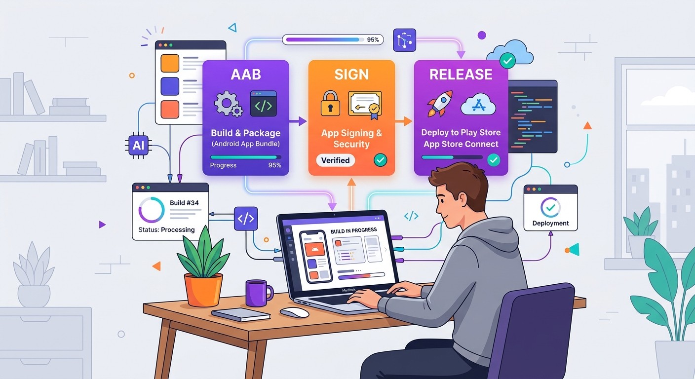 Illustration of a developer using BuildAvelo to build and release a mobile app, with UI panels for AAB, Sign, and Release.