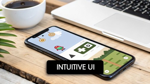 A 2D mobile game on a phone with large touch buttons and the caption Intuitive UI