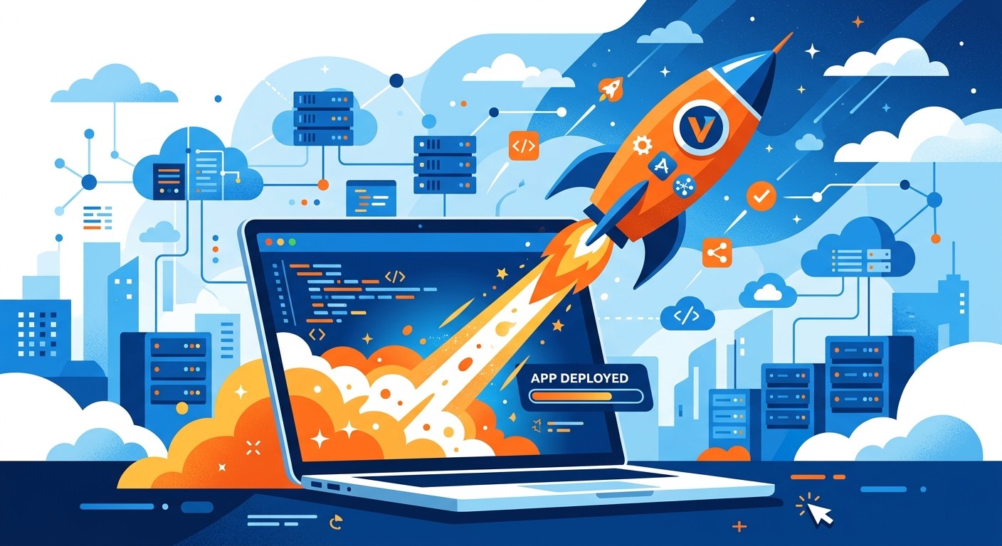 Rocket launching from a laptop to show a web app being deployed