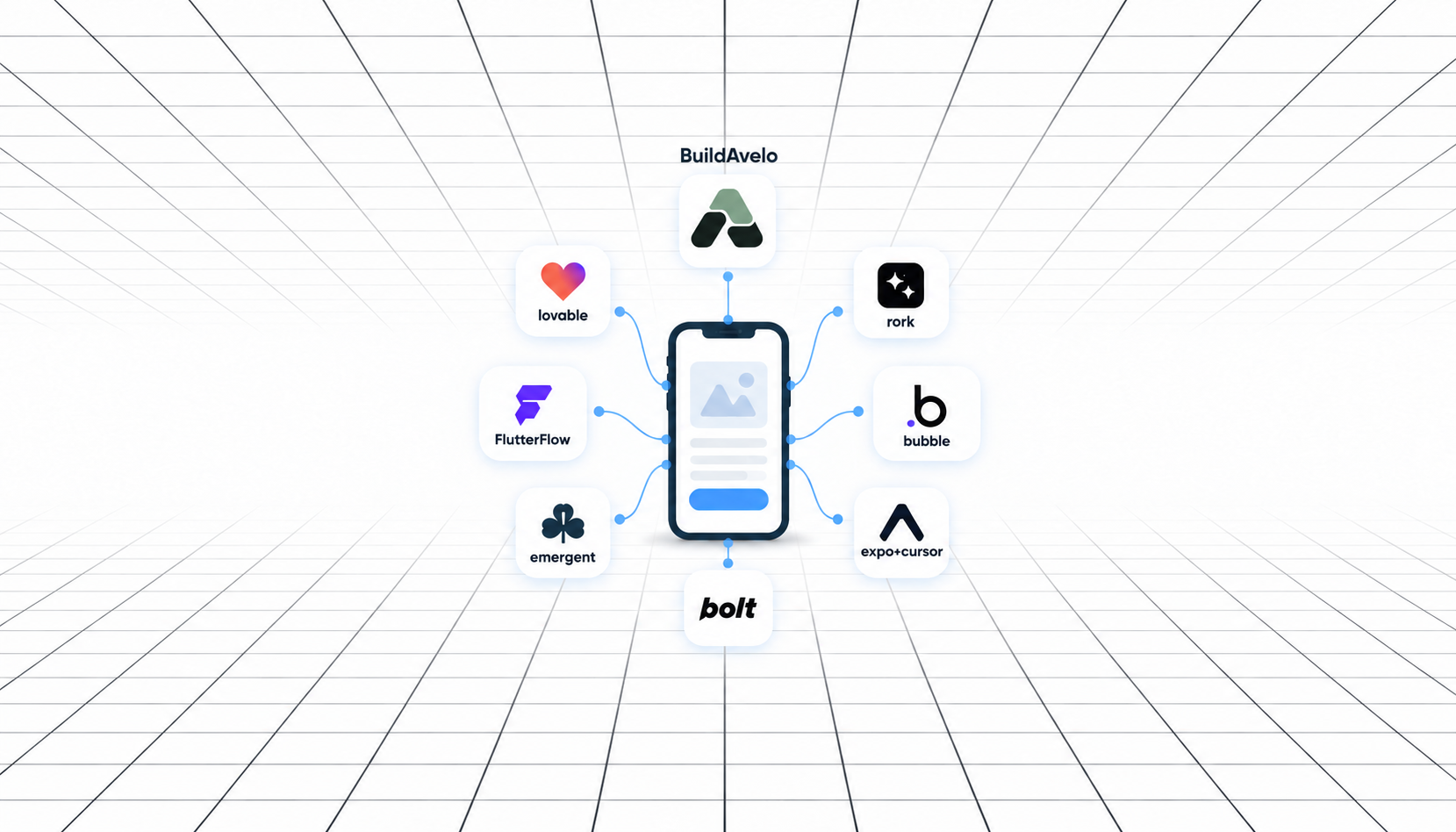 Minimal illustration of the 8 best Replit alternatives for mobile app development in 2026, featuring BuildAvelo, Lovable, Rork, FlutterFlow, Bubble, Emergent, Bolt, and Expo + Cursor connected to a central smartphone.