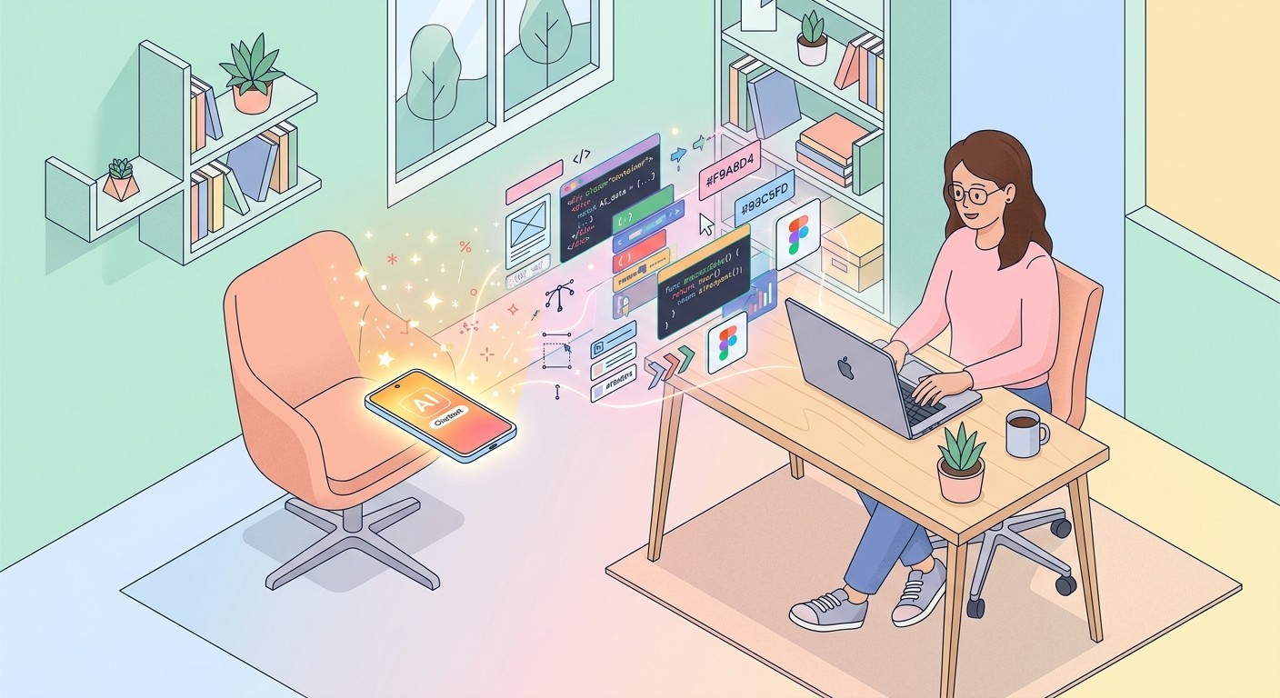 How to create an app for Android with AI: a person at a laptop with code and design elements around a glowing phone